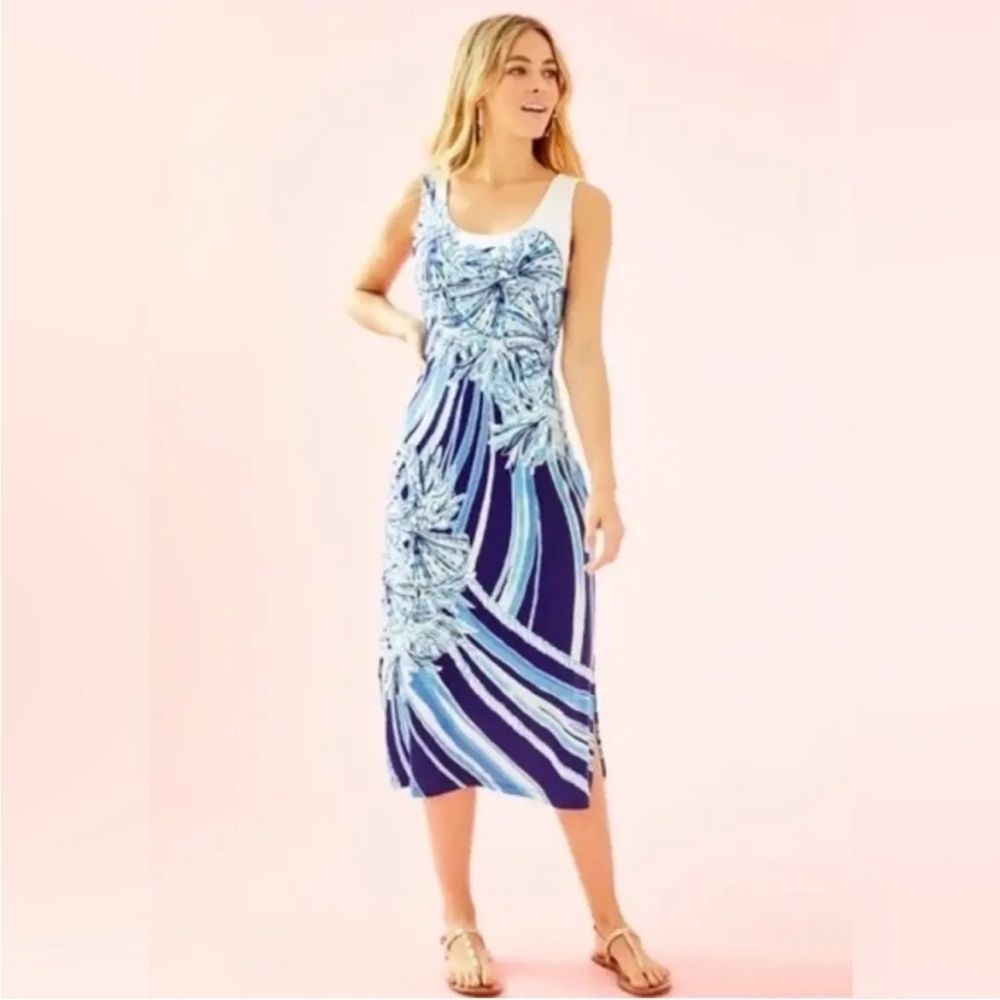 NWT L Lilly Pulitzer Mercer Midi Dress Deep Sea Navy- Hooked on a Feeling Engine